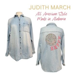 Judith March Sz S Denim Button-Up Shirt Happy Sequin Smiley Face Pink Collared